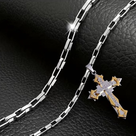 Men’s Diamond Gold & Silver Toned Cross Necklace - Picture 2 of 2